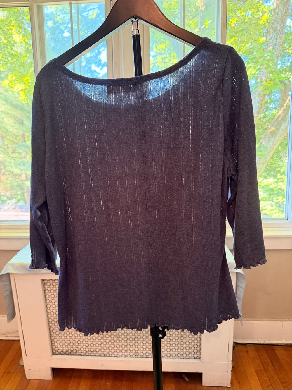 NATURAL LIFE Navy Blue Textured Boat Neck 3/4” Sleeve Top with Lettuce Edge